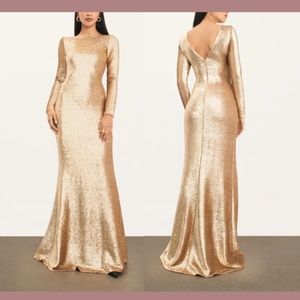NEW $650 Donna Karan New York [ 4 ] Long Sleeve Stacked Sequin‎ Gown Gold
